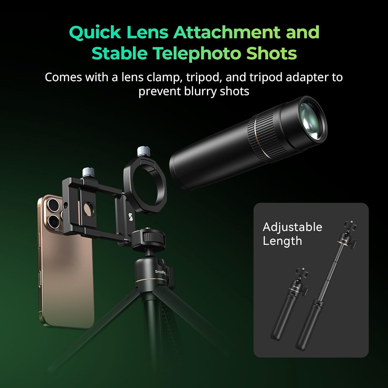 SmallRig 8X Telephoto Lens for Mobile Phone (T-Mount), w Tripod + Aluminium 8X Optical Zoom HD Telephoto Lens + Lens Clamp + Tripod Adapter + Lens Caps + Storage Bag, Support Hand-held Spot Shooting - Image 5